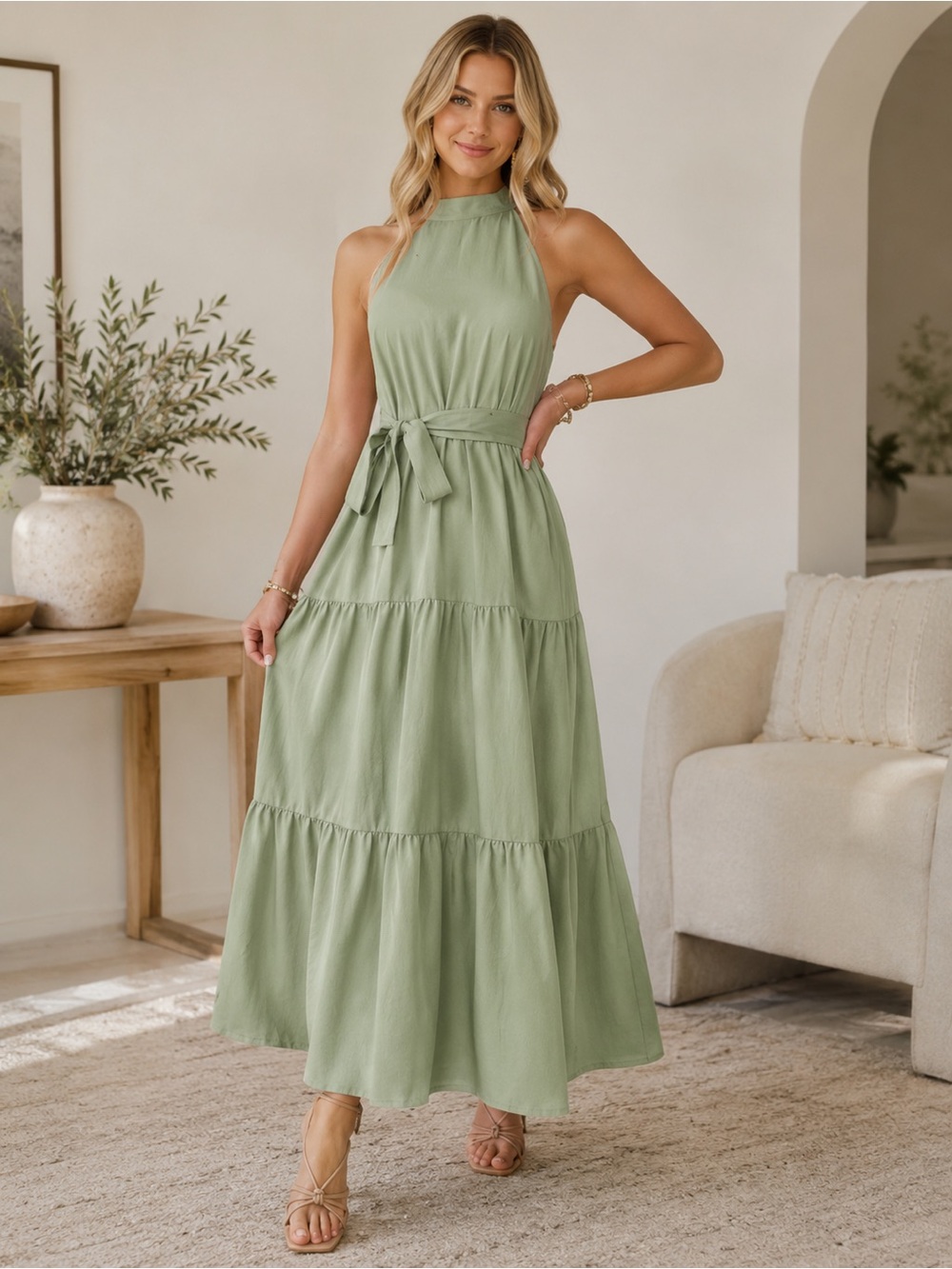 PRETTYGARDEN Sage Green Halter Maxi Dress Size Medium Tiered NWT